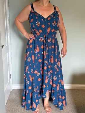 City Chic Blue High-low Maxi Dress with Coral Paisley Print